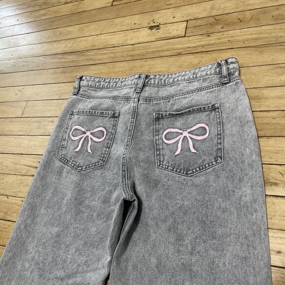 Ashley Mason Coquette Jeans Bow Embroider Wide Denim Women 11 30 Gray PastelGoth - Picture 1 of 16